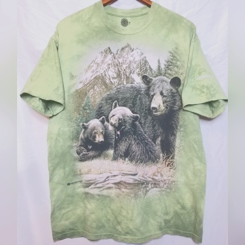 The Mountain Black Bear and Cubs, Green Tie Dye Short Sleeve Shirt, Size Large.